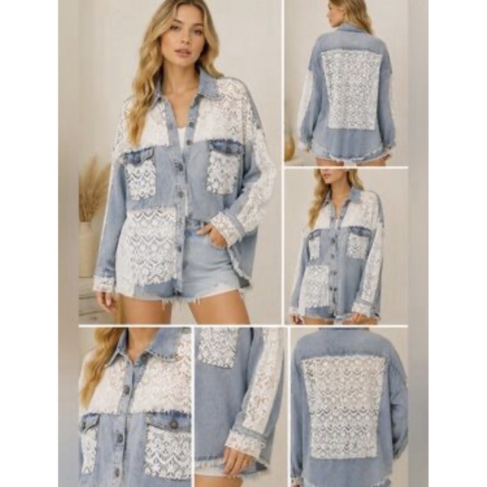 POL Denim Crochet Lace Detail Button Front Jean Jacket Lagenlook Relax Boho S